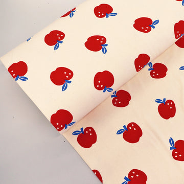 95% Organic Cotton 5% Elastane Cream Jersey Fabric - Red Apple Print