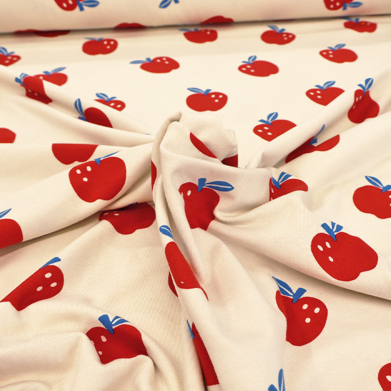 95% Organic Cotton 5% Elastane Cream Jersey Fabric - Red Apple Print