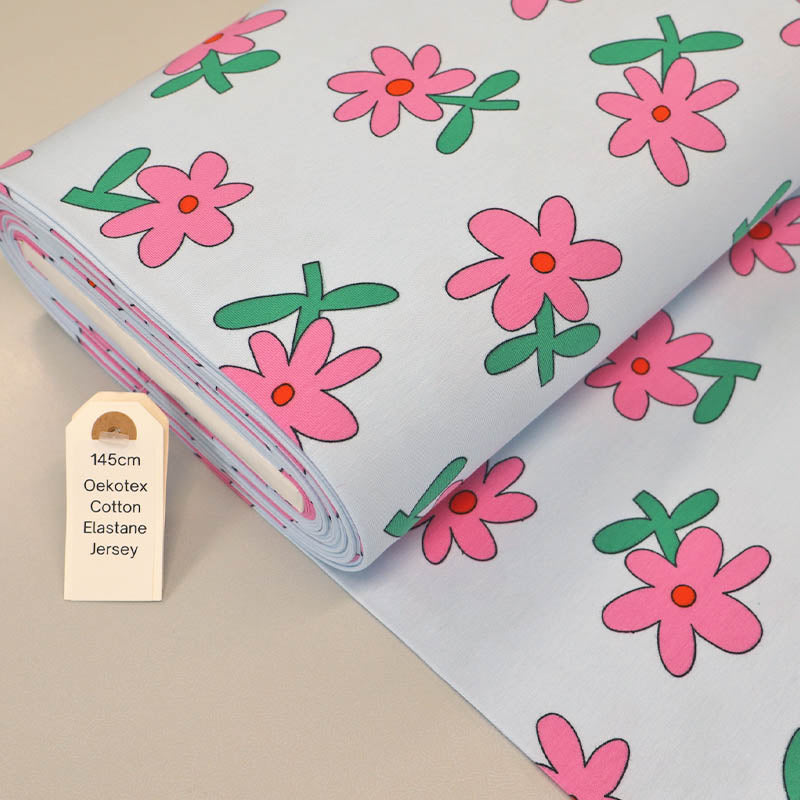 95% Organic Cotton 5% Elastane Pale Blue Floral Jersey Fabric with Pink Daisy