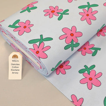 95% Organic Cotton 5% Elastane Pale Blue Floral Jersey Fabric with Pink Daisy