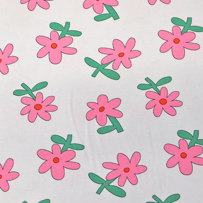 95% Organic Cotton 5% Elastane Pale Blue Floral Jersey Fabric with Pink Daisy