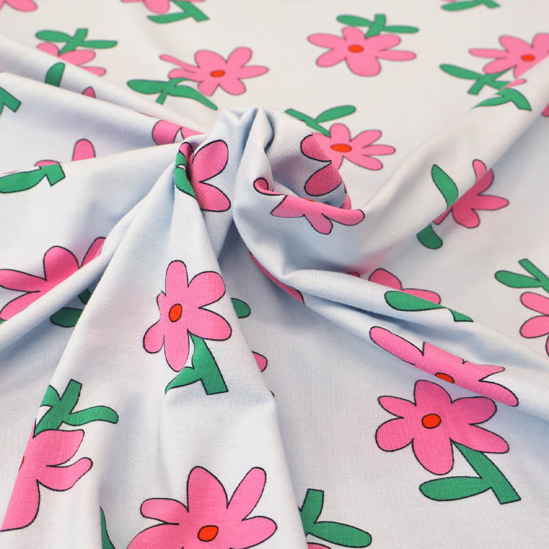 95% Organic Cotton 5% Elastane Pale Blue Floral Jersey Fabric with Pink Daisy