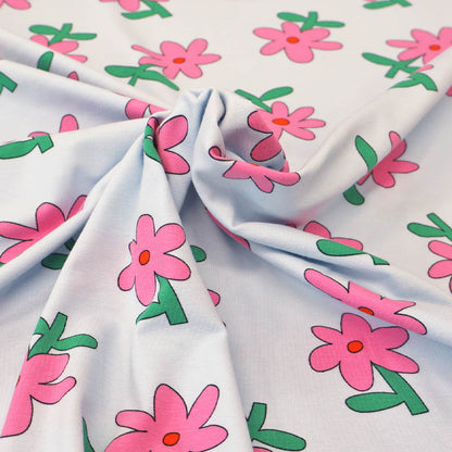 95% Organic Cotton 5% Elastane Pale Blue Floral Jersey Fabric with Pink Daisy