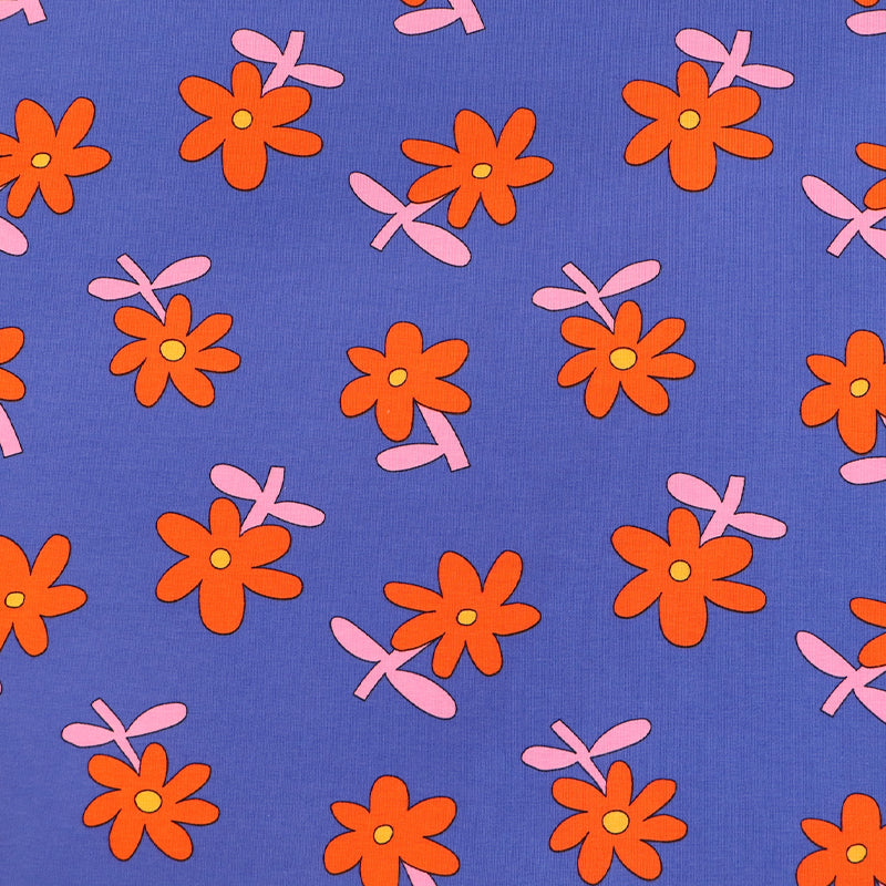 95% Organic Cotton 5% Elastane
Blue Floral Jersey Fabric with Red Daisy