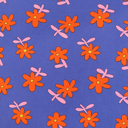 95% Organic Cotton 5% Elastane
Blue Floral Jersey Fabric with Red Daisy