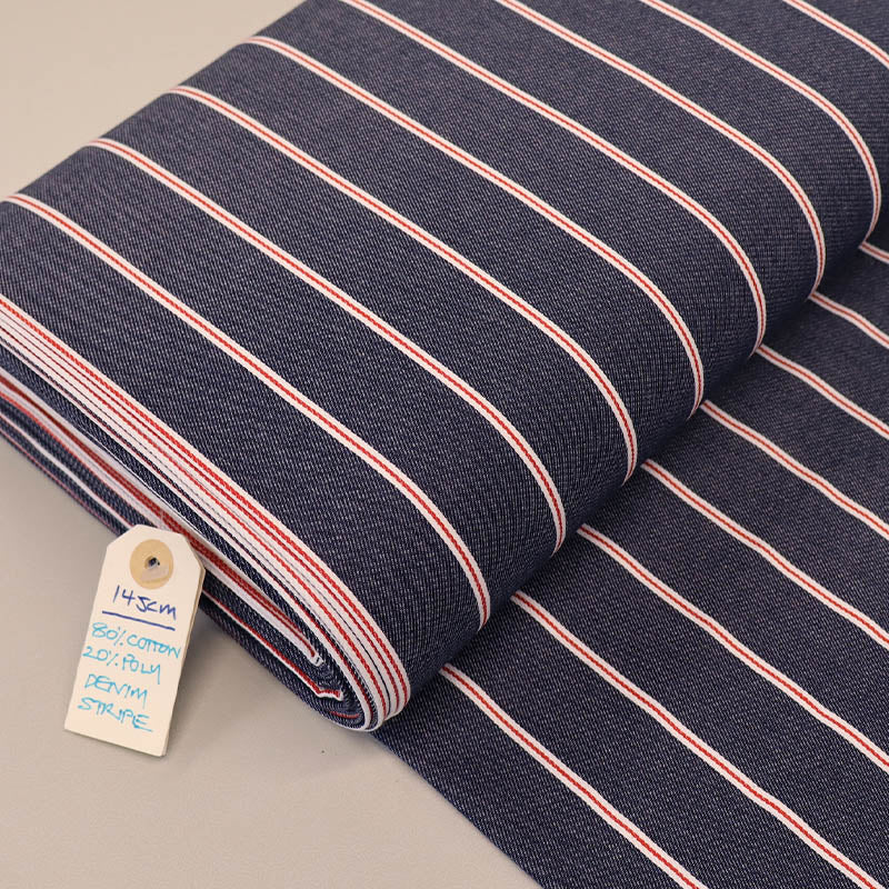 80% Cotton 20% Polyester Dark Blue Denim Fabric with narrow red and white Stripe