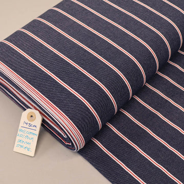 80% Cotton 20% Polyester Dark Blue Denim Fabric with narrow red and white Stripe