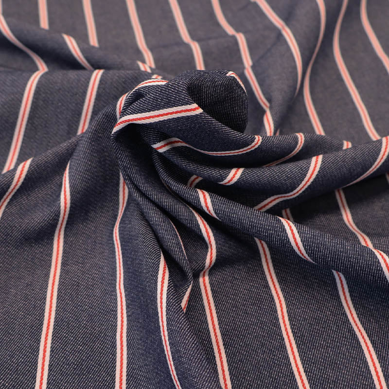 80% Cotton 20% Polyester Dark Blue Denim Fabric with narrow red and white Stripe