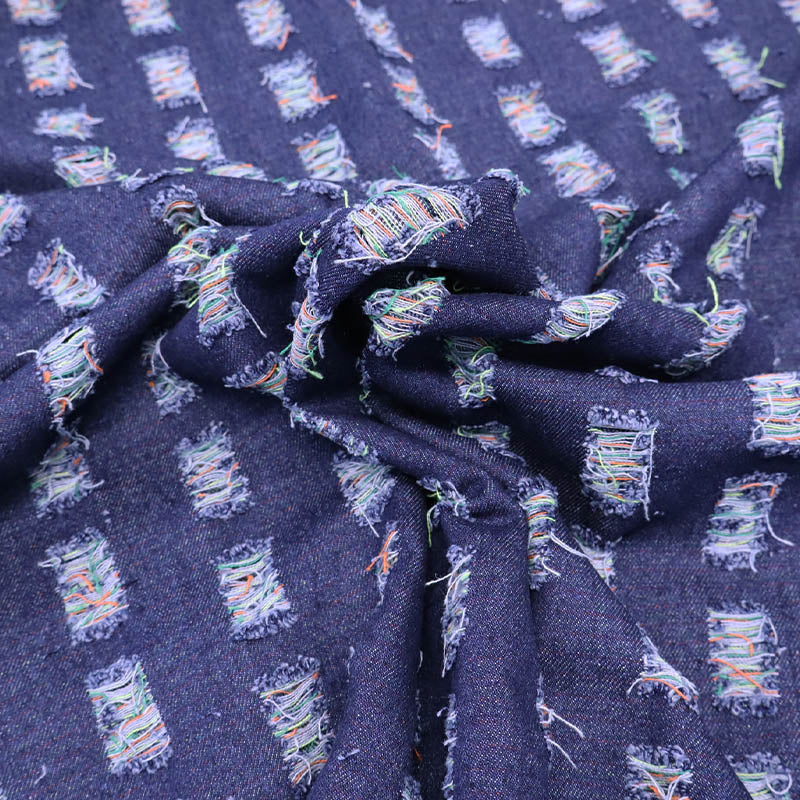 75% Cotton 25% Polyester Striped Denim Fabric - Dark Blue with different multi-coloured rectangular stripes of tufted threads