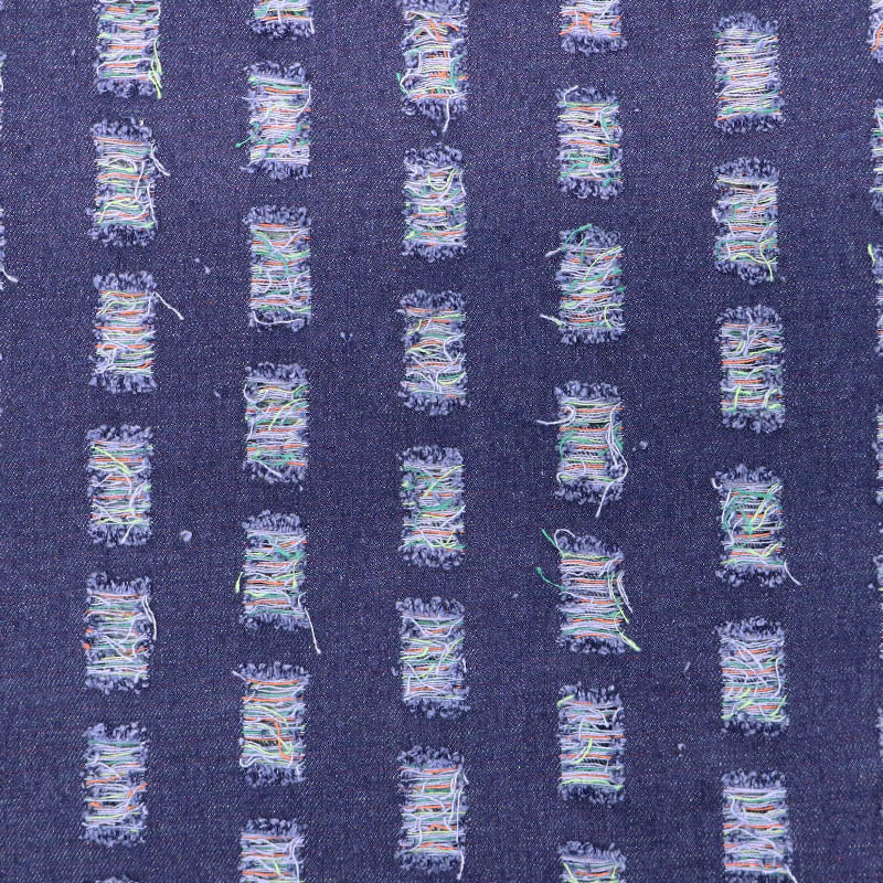 75% Cotton 25% Polyester Striped Denim Fabric - Dark Blue with different multi-coloured rectangular stripes of tufted threads