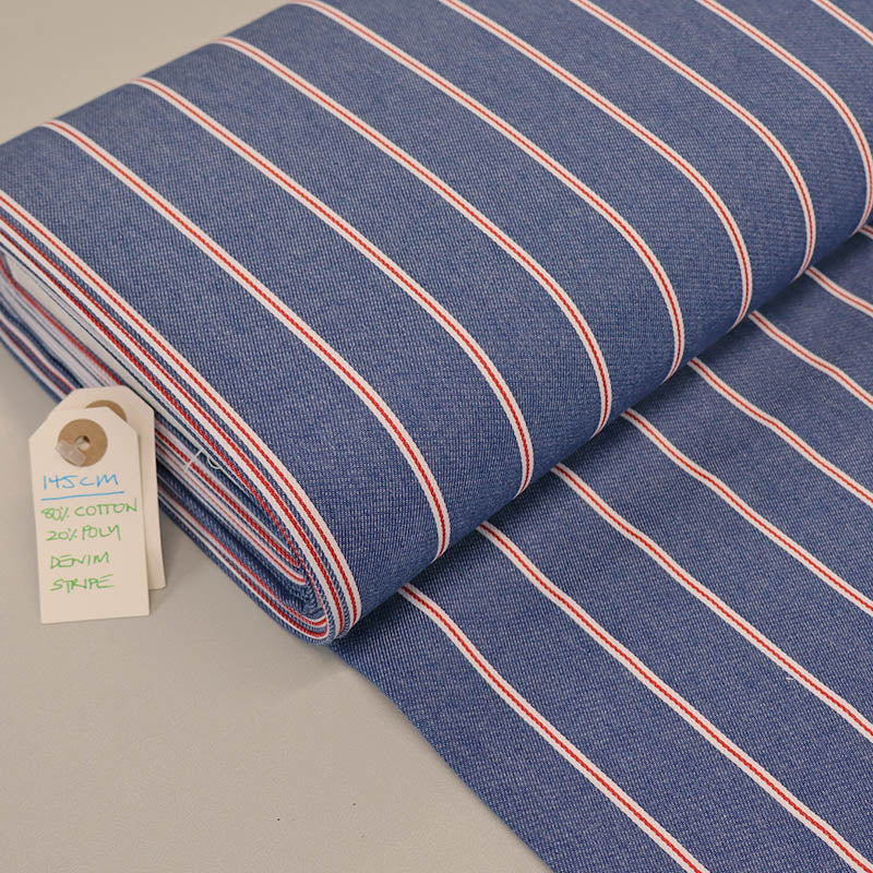 80% Cotton 20% Polyester Medium Blue Denim Fabric with narrow Red and white Stripe