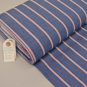 80% Cotton 20% Polyester Medium Blue Denim Fabric with narrow Red and white Stripe