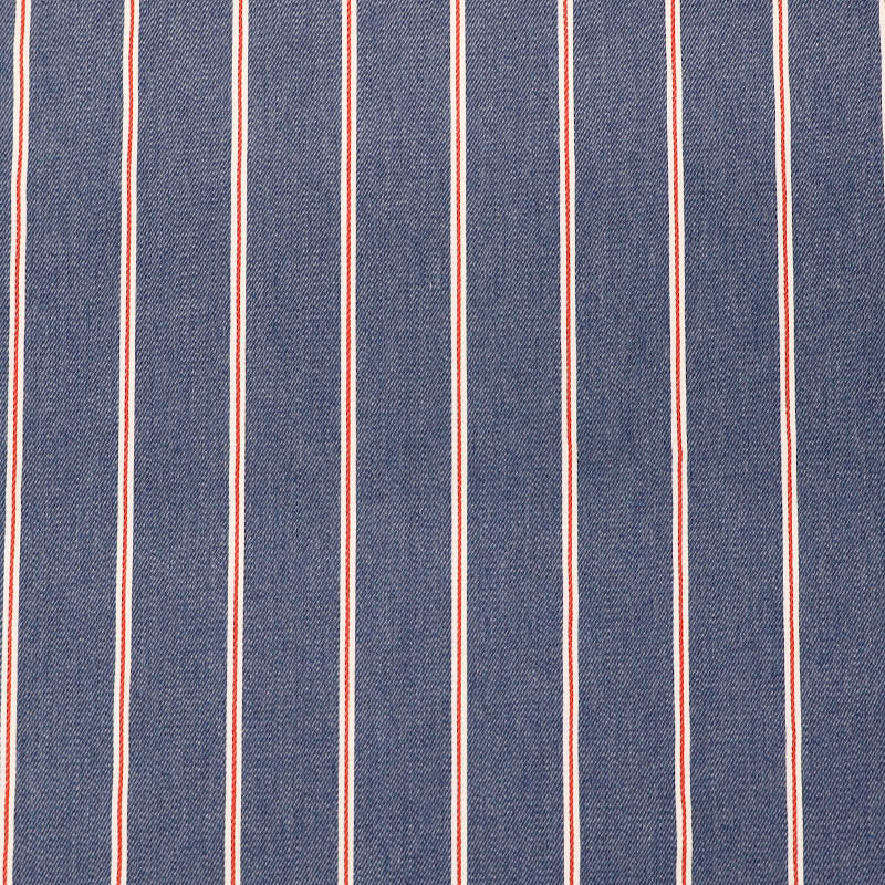 80% Cotton 20% Polyester Medium Blue Denim Fabric with narrow Red and white Stripe