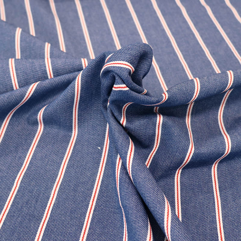 80% Cotton 20% Polyester Medium Blue Denim Fabric with narrow Red and white Stripe