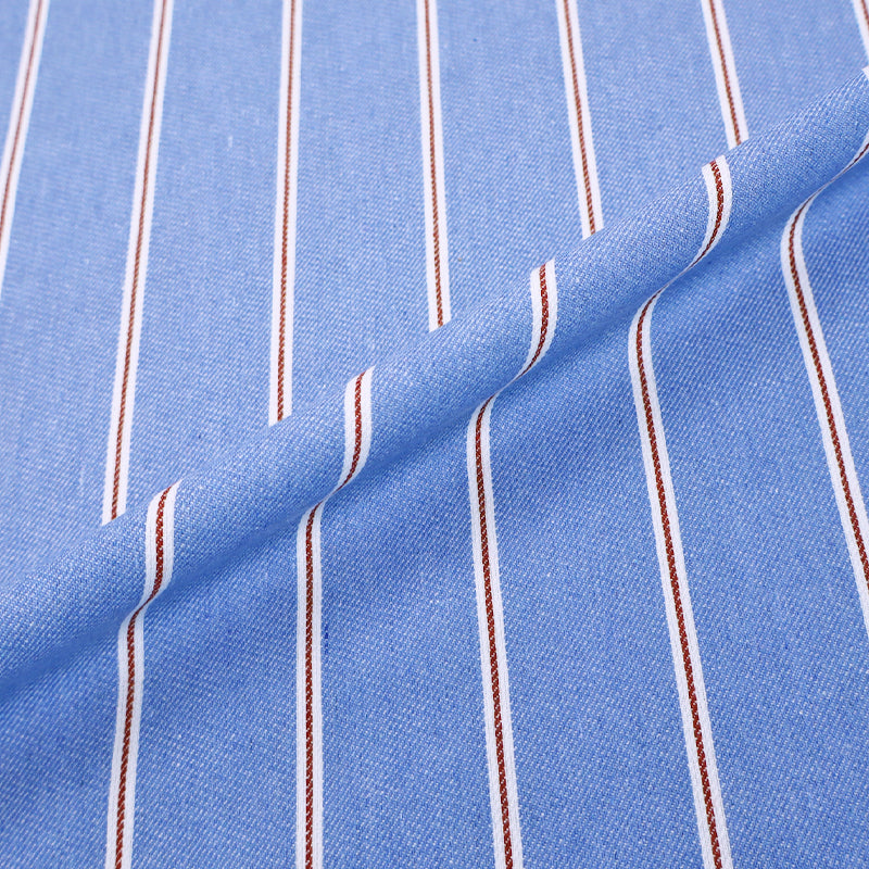 80% Cotton 20% Polyester Light Blue with Red and White Stripe Denim Fabric