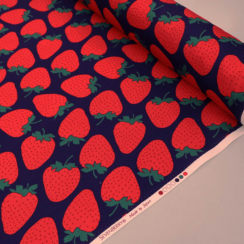 100% Cotton Navy Oxford Cotton Fabric - Large Red Strawberry Print