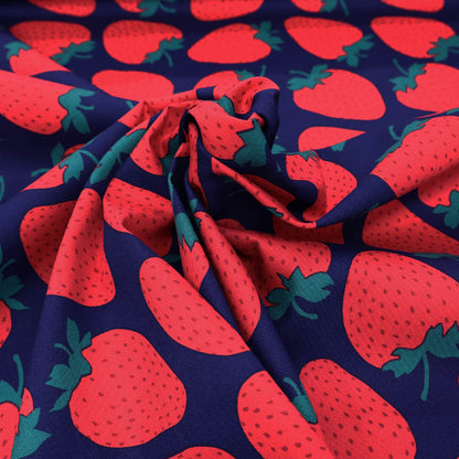100% Cotton Navy Oxford Cotton Fabric - Large Red Strawberry Print