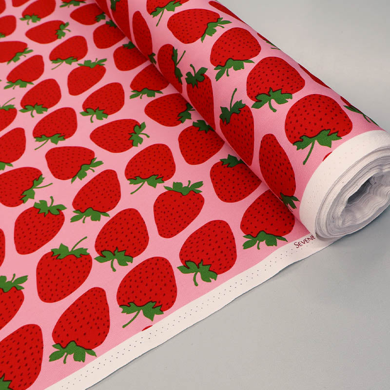 100% Cotton Pale Pink Oxford Cotton Fabric - Red Strawberry Print
