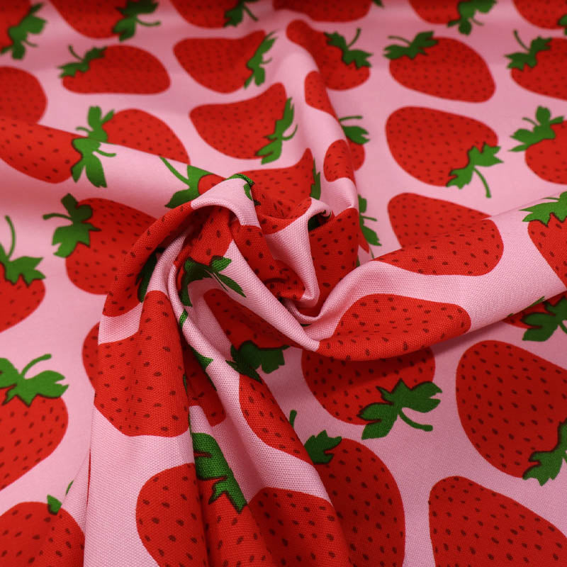 100% Cotton Pale Pink Oxford Cotton Fabric - Red Strawberry Print