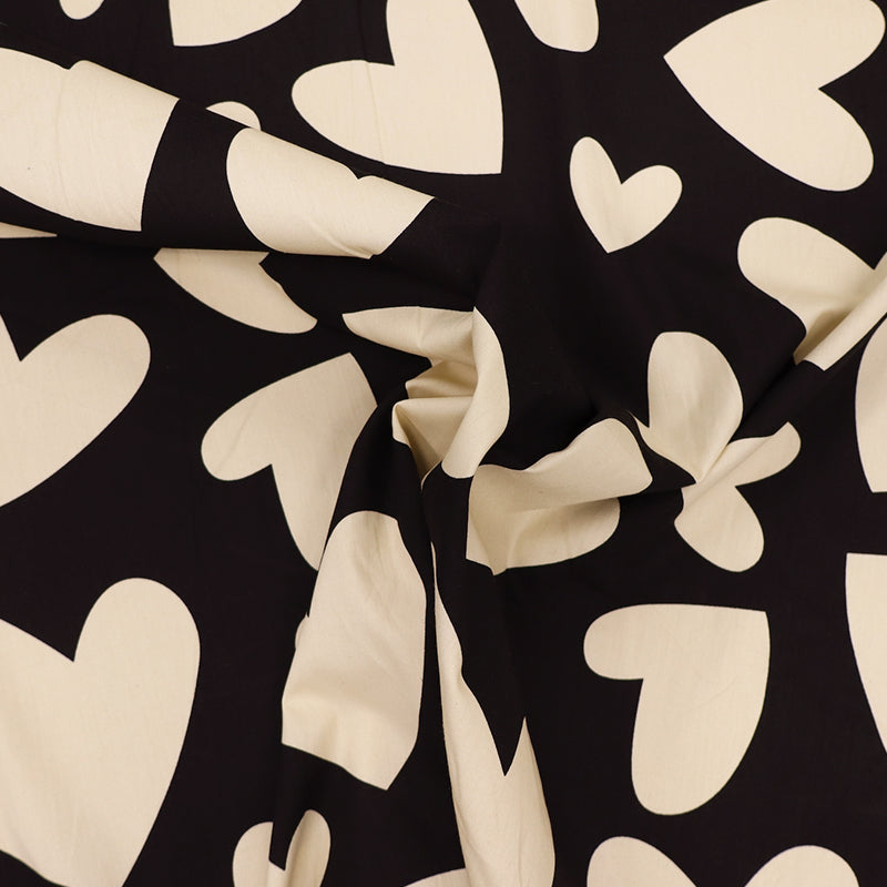 Black and Cream Heart Print 100% Cotton Poplin Fabric