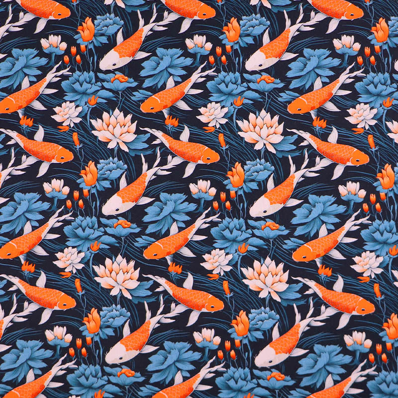 100% Cotton Blue Poplin Fabric - Orange Fish Print
