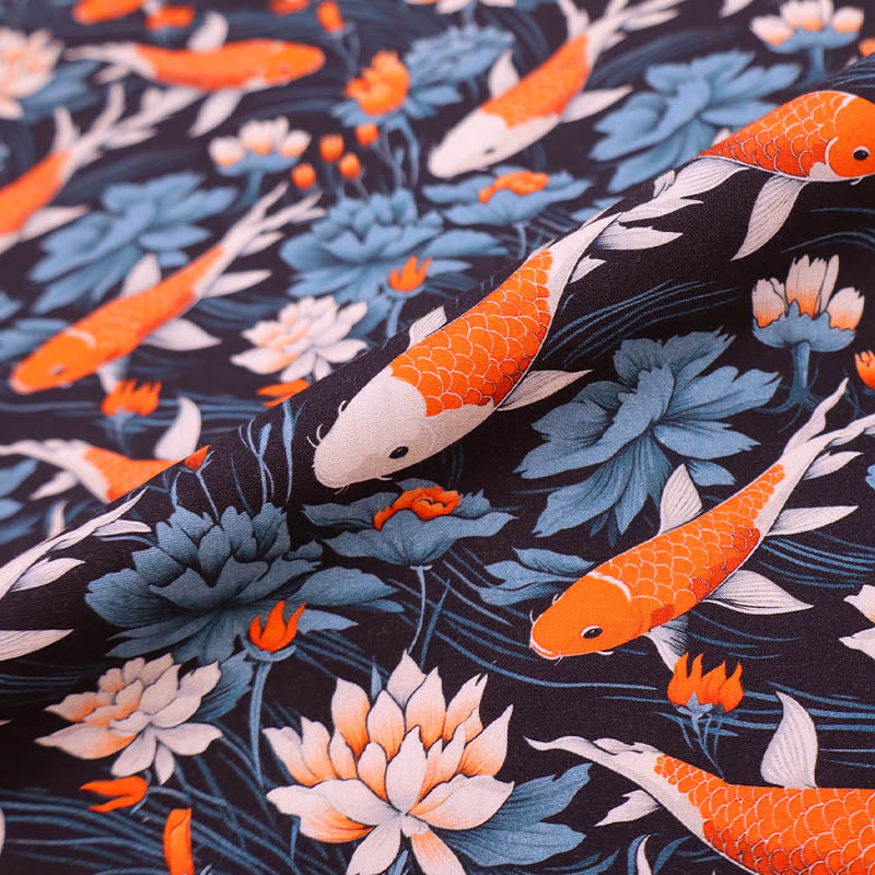 100% Cotton Blue Poplin Fabric - Orange Fish Print