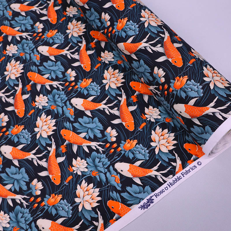 100% Cotton Blue Poplin Fabric - Orange Fish Print