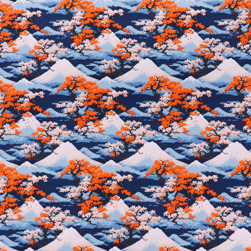 100% Cotton Poplin Fabric - Mountain and Cherry Blossom Print in blue and orange