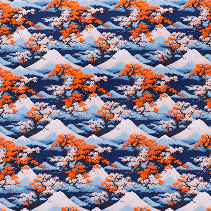 100% Cotton Poplin Fabric - Mountain and Cherry Blossom Print in blue and orange