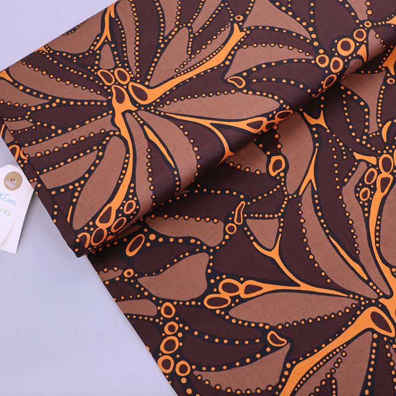 100% Cotton Brown Poplin Fabric - Abstract Floral