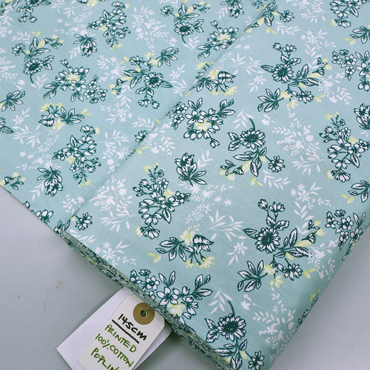 100% CottonFloral Poplin Fabric - Duck Egg Blue
