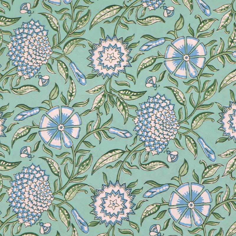  100% Cotton poplin fabric featuring a Digitally Printed pale blue and white floral and bee design with green leaves on a mint green background. 