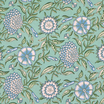 100% Cotton poplin fabric featuring a Digitally Printed pale blue and white floral and bee design with green leaves on a mint green background. 
