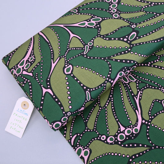 100% Cotton Green Poplin Fabric - Abstract Floral