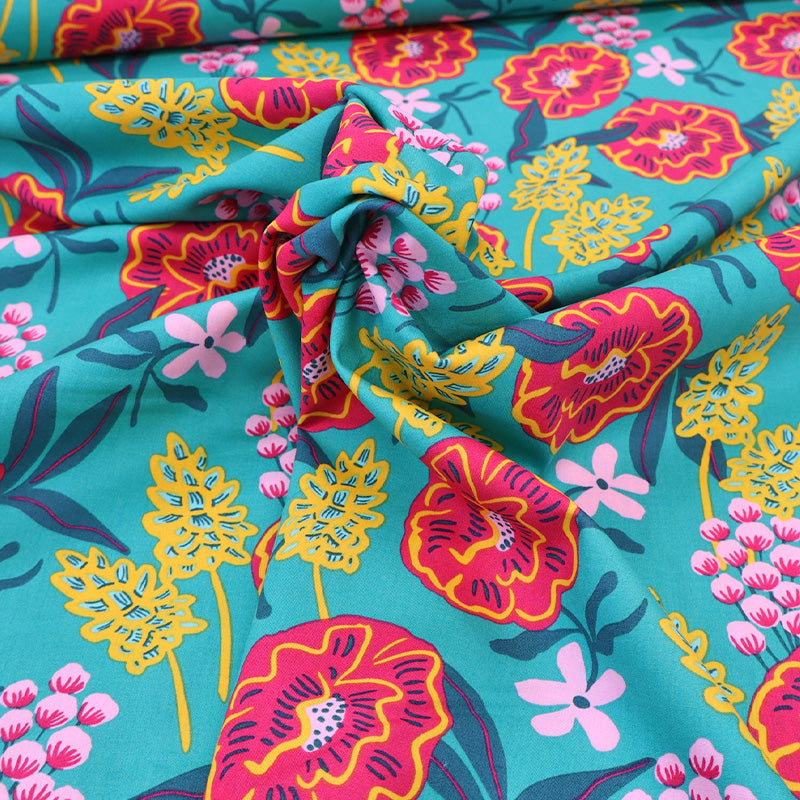 Green and Red Floral 100% Cotton Poplin Fabric