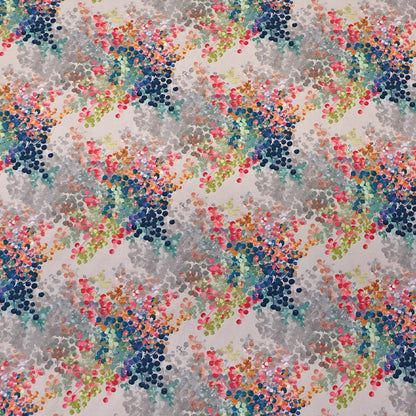 100% Cotton Poplin Fabric Floral Print
featuring multicoloured dappled buds in blue, pink and green with a grey background