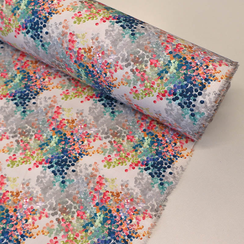 100% Cotton Poplin Fabric Floral Print
featuring multicoloured dappled buds in blue, pink and green with a grey background