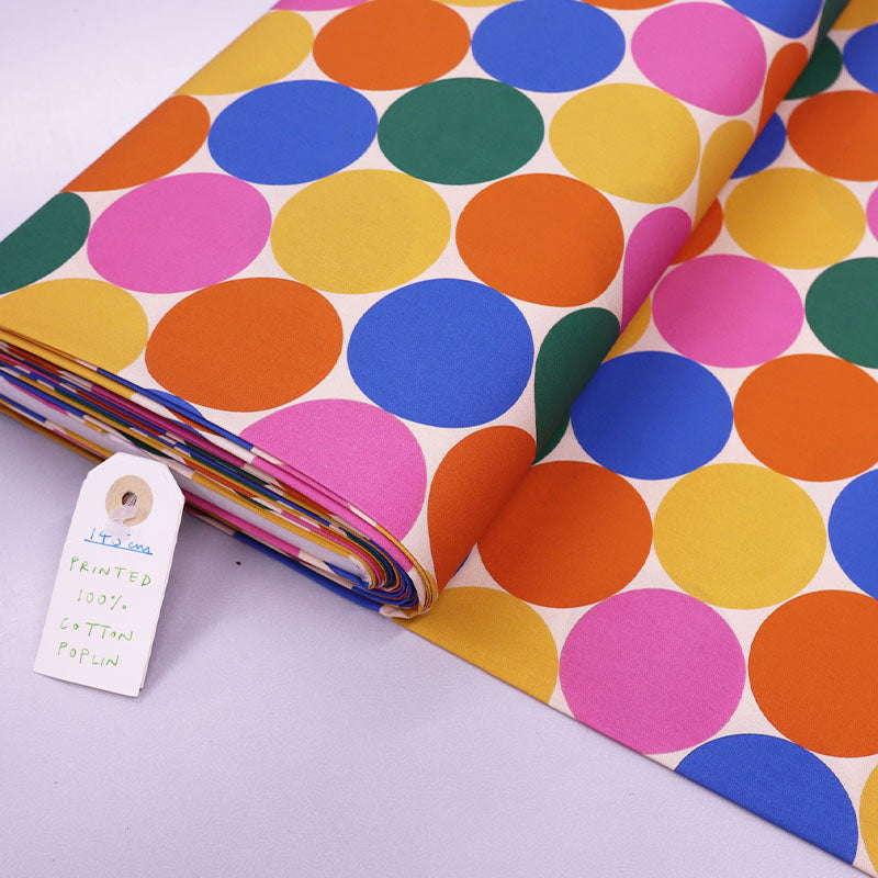 100% Cotton Poplin Fabric - Multi Coloured Large Spots - Pink, Orange, Yellow, Blue and Green