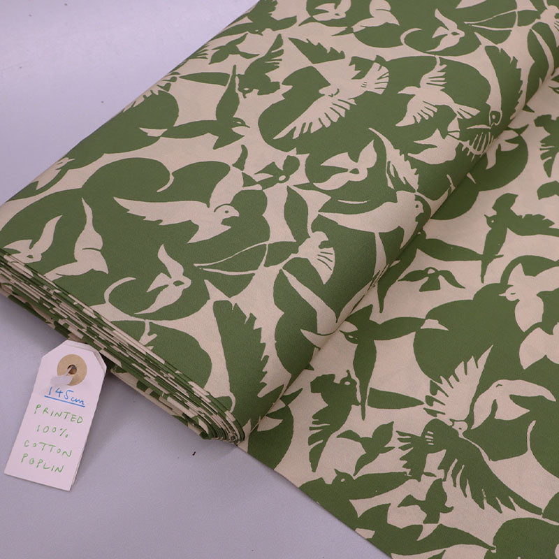 100% Cotton Poplin Fabric - Khaki Green and Taupe Bird Print