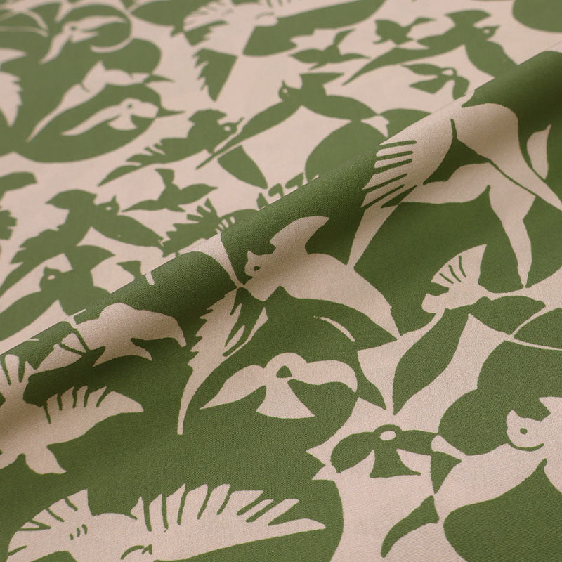 100% Cotton Poplin Fabric - Khaki Green and Taupe Bird Print