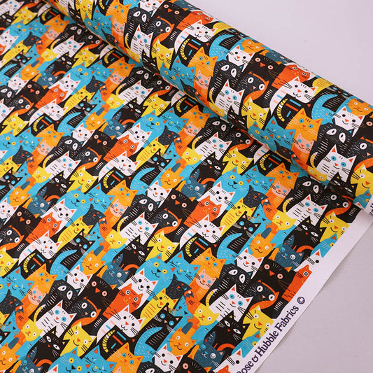 100% CottonPoplin Cat Print Fabric - Multi Coloured Blue Orange, Yellow, Black and White