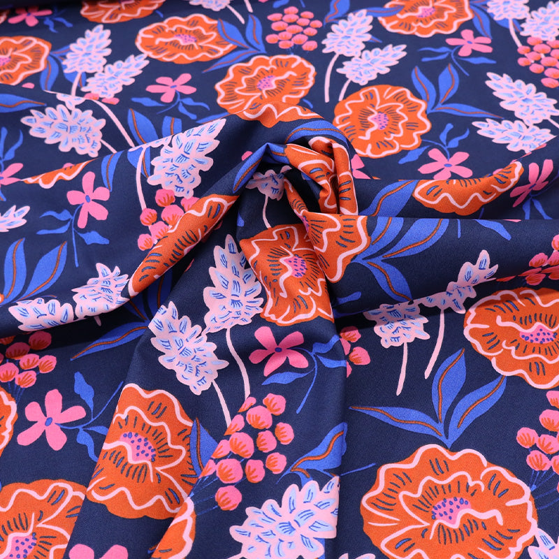 Navy and Orange Floral 100% Cotton Poplin Fabric
