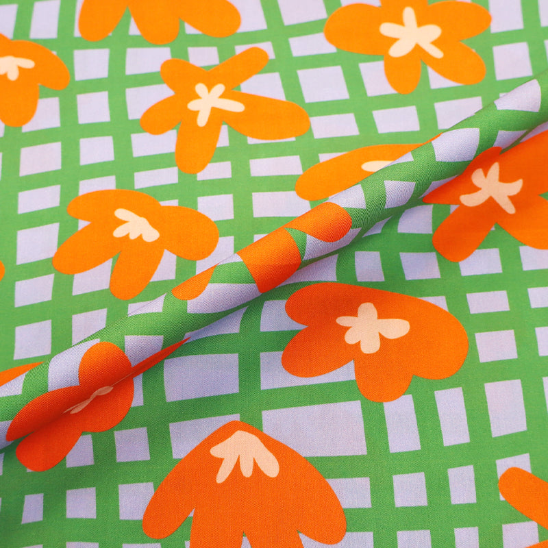 100% Cotton   Orange and Green Floral  Poplin Fabric 