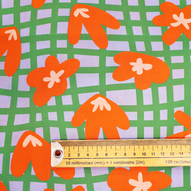 100% Cotton   Orange and Green Floral Poplin Fabric 