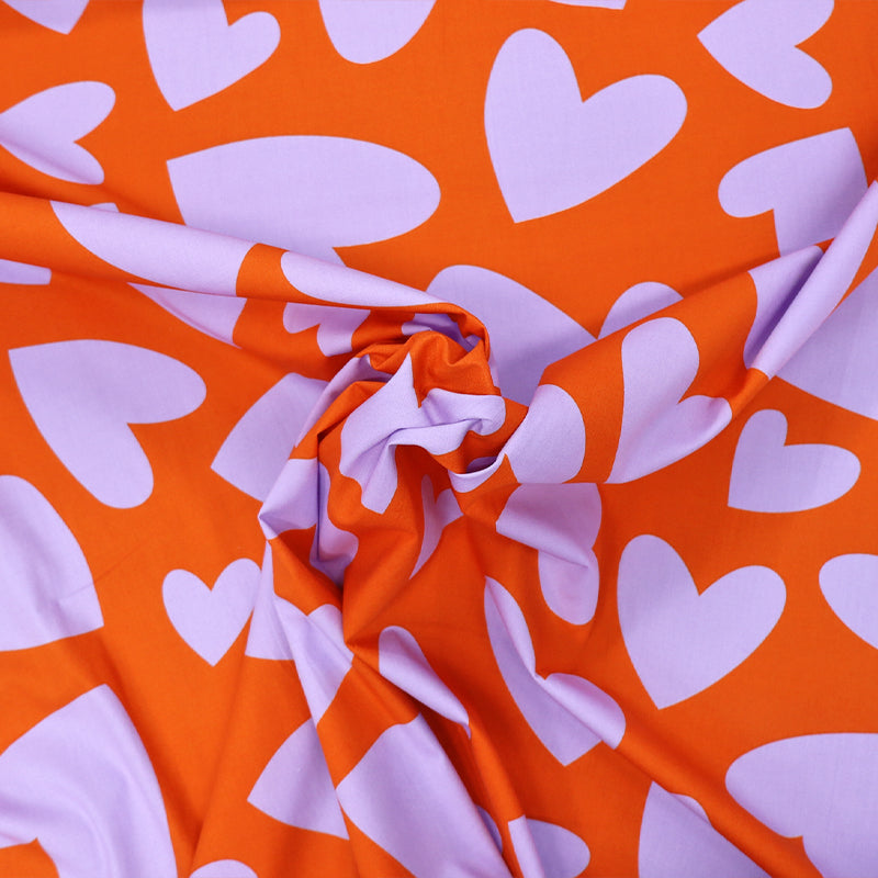 Orange and Lilac Heart Print 100% Cotton Poplin Fabric