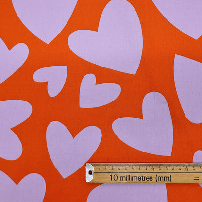 Orange and Lilac Heart Print 100% Cotton Poplin Fabric