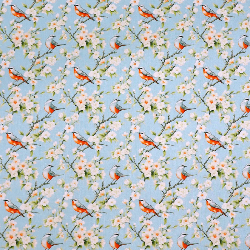 100% Cotton Pale Blue Poplin Fabric - Bird Print