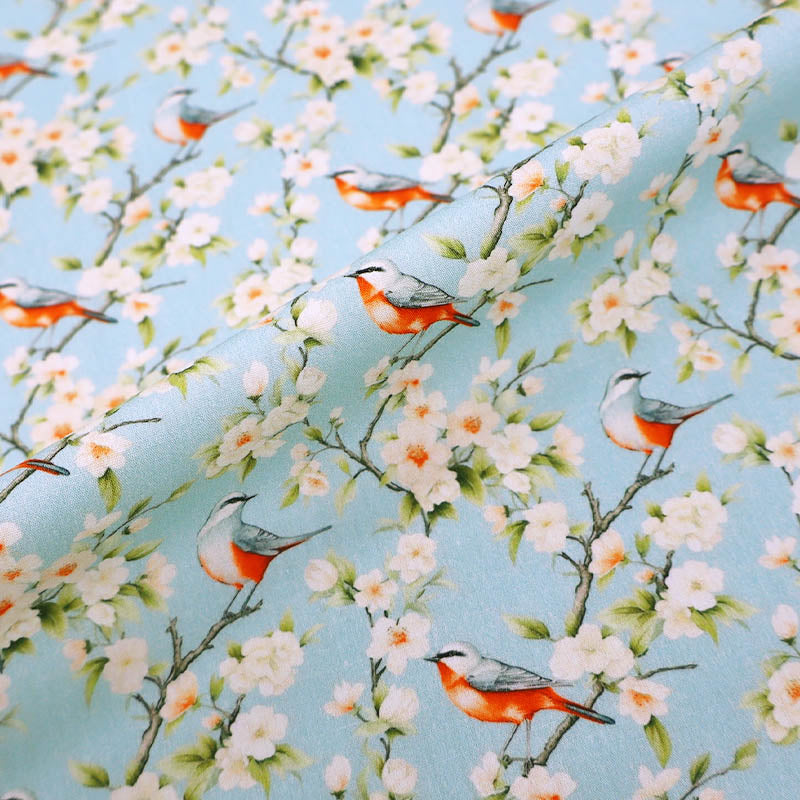 100% Cotton Pale Blue Poplin Fabric - Bird Print