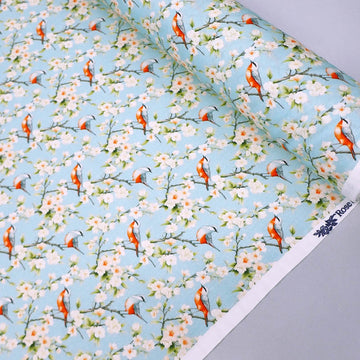 100% Cotton Pale Blue Poplin Fabric - Bird Print