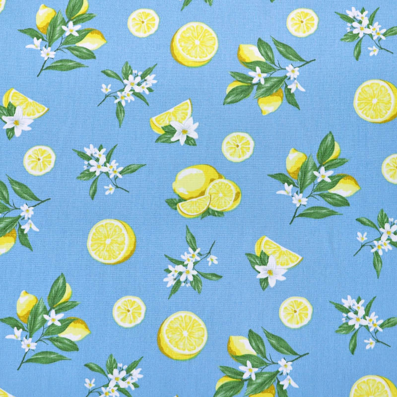 100% Cotton Pale Blue Poplin Fabric - Lemon Print